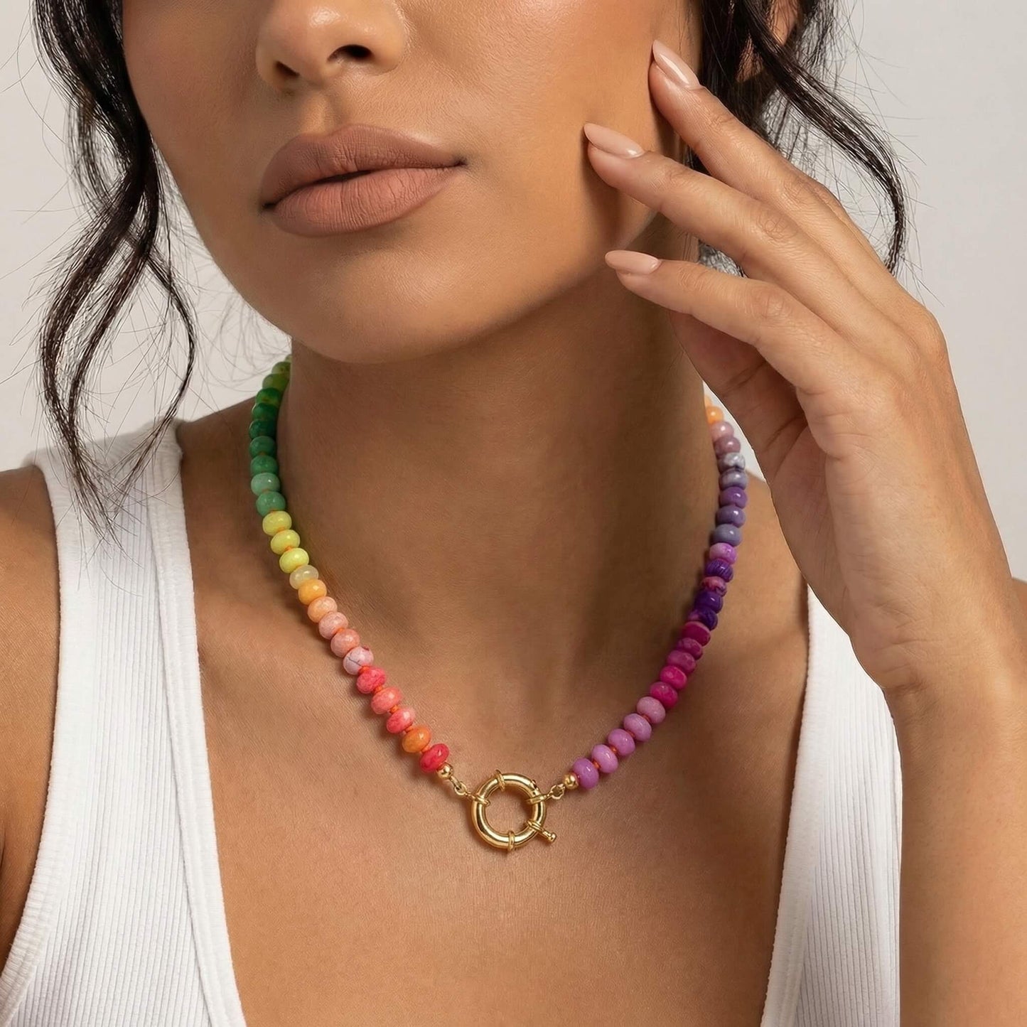 Natural Stone Rainbow Beaded Necklace Stone Choker