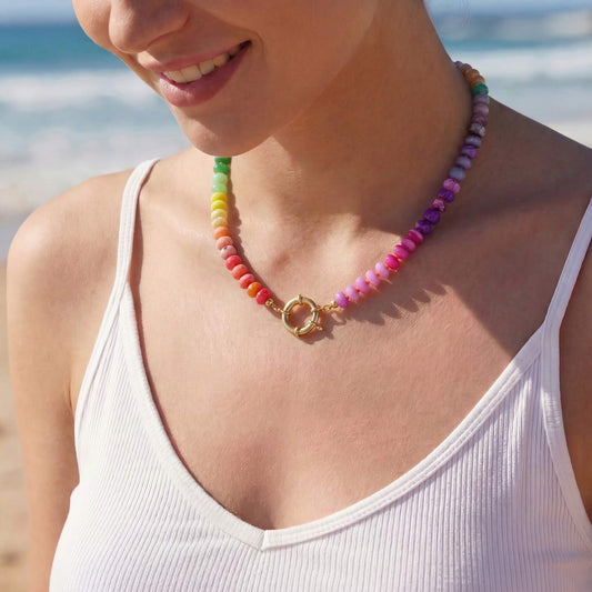 Natural Stone Rainbow Beaded Necklace Stone Choker