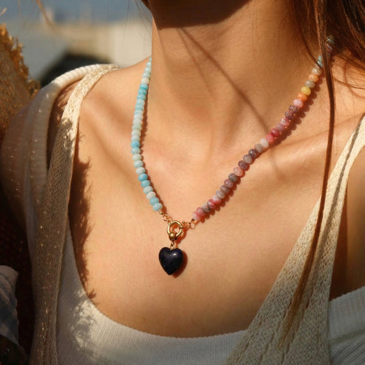 Artisanal Natural Stone Necklace | Midnight Sparkle Heart & Celestial Split-Tone Gradient | 50cm