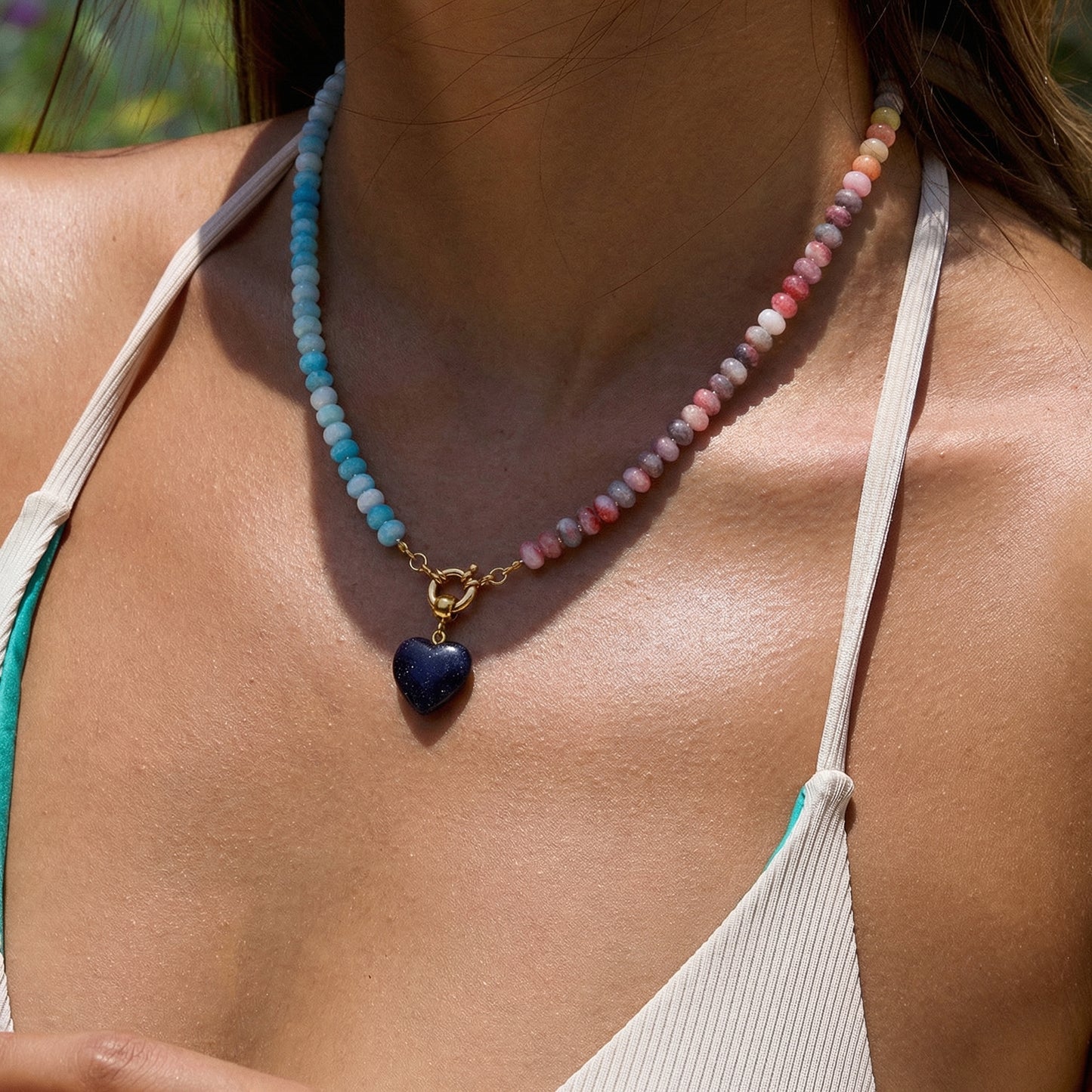 Artisanal Natural Stone Necklace | Midnight Sparkle Heart & Celestial Split-Tone Gradient | 50cm