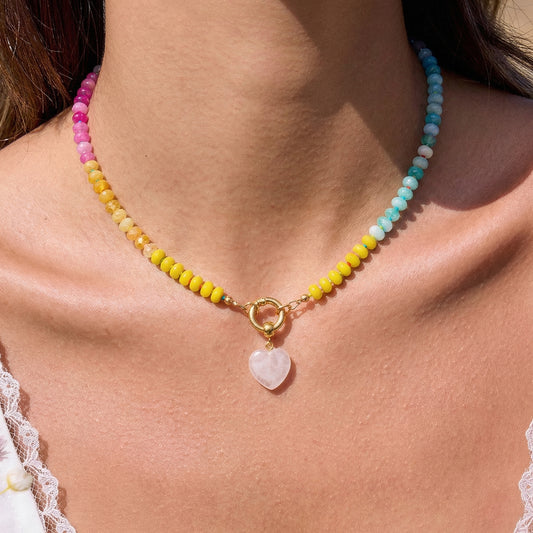 Artisanal Natural Stone Necklace | Rose Quartz Heart Pendant & Soft Pastel Rainbow Gradient | 50cm