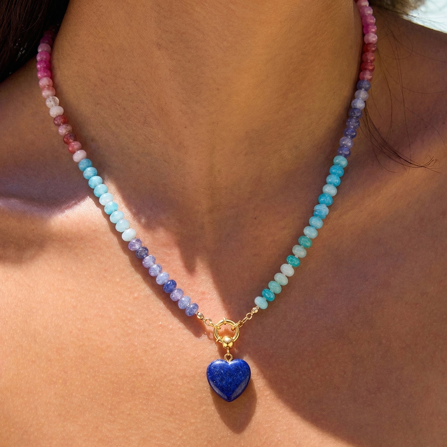 Artisanal Natural Stone Necklace | Deep Lapis Blue Heart & Midnight Rainbow Gradient | 50cm