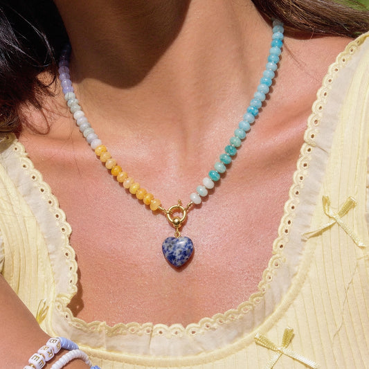 Artisanal Natural Stone Necklace | Blue Marble Heart Pendant & Pastel Earth-Tone Gradient | 50cm