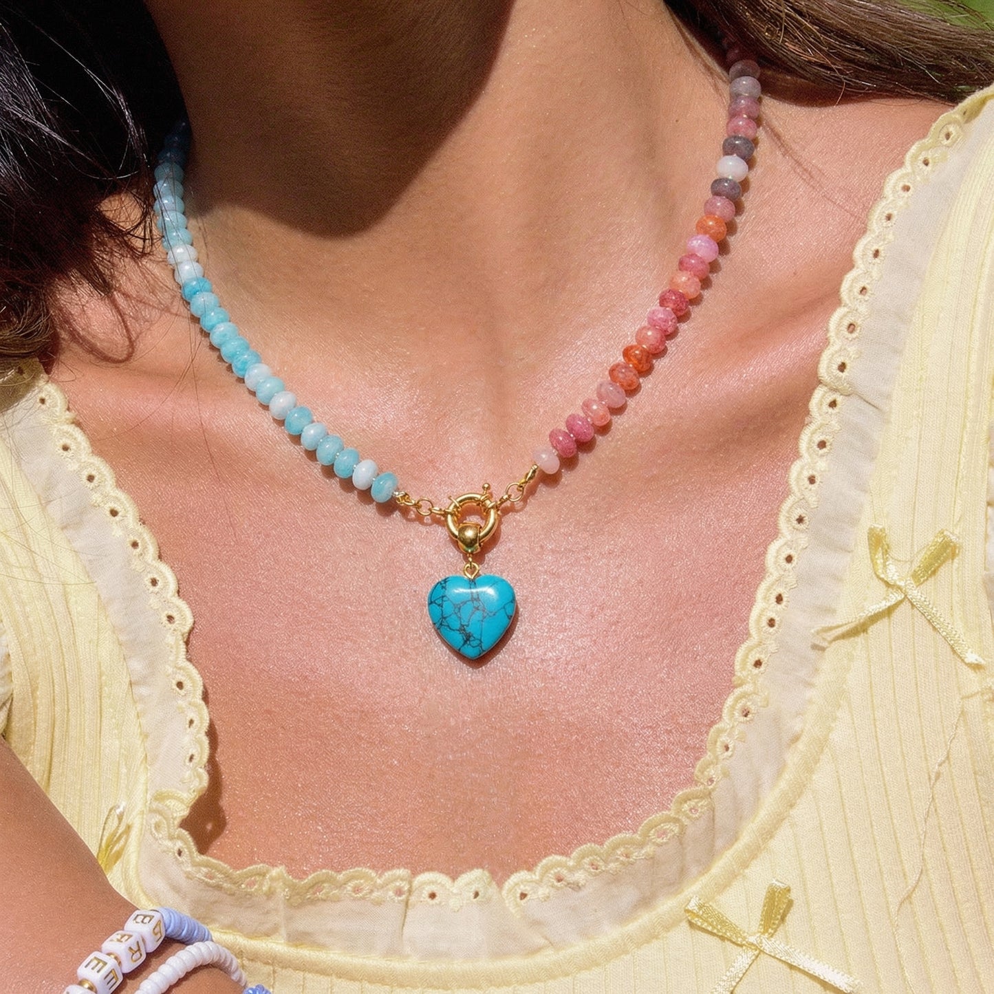Artisanal Split-Tone Natural Stone Necklace | Genuine Turquoise Matrix Heart & Gold Clasp | 50cm