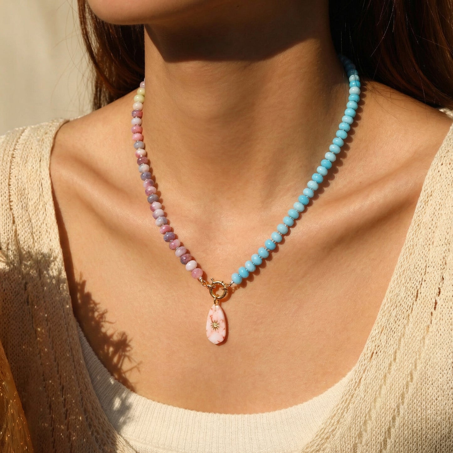 Artisanal Natural Stone Necklace | Split Sky Blue & Muted Pink/Purple Gradient with Sunburst Heart Pendant | 50cm