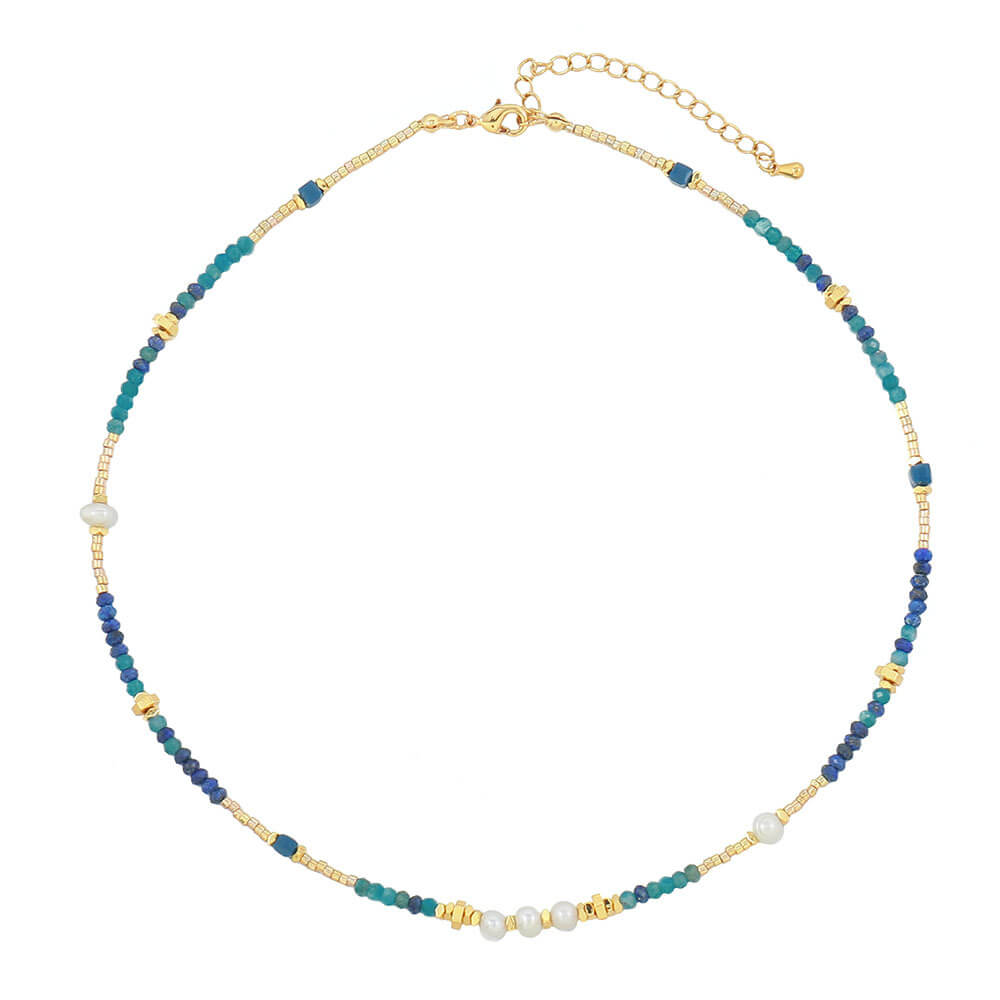 Natural Lapis Lazuli & Pearl Beaded Choker Necklace