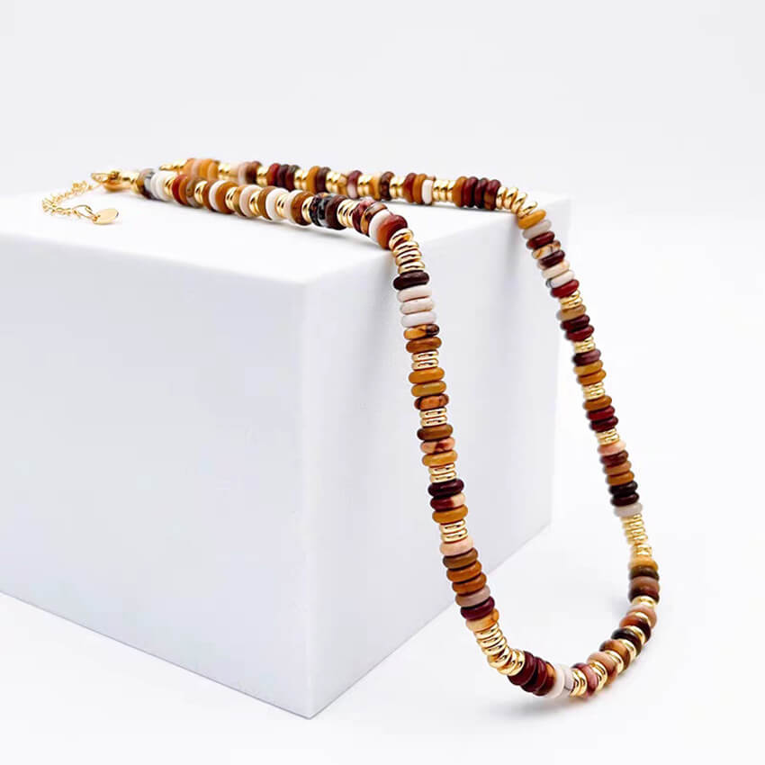 Sunset Disc Beaded Choker Necklace | Natural Stone & Gold-Tone Choker for Retro Chic Vibes