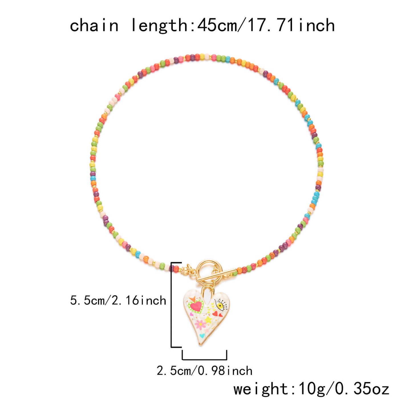 Colorful Rainbow Seed Bead Choker - Whimsical Hand-Painted Heart Pendant Necklace
