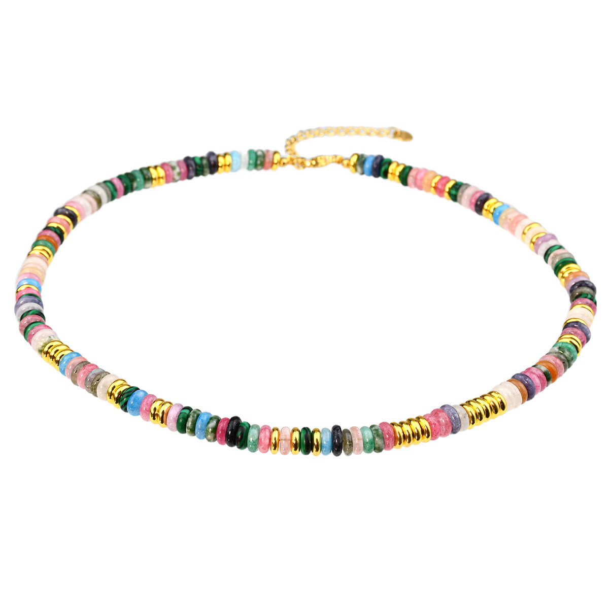 Boho Summer Natural Stone Disc Choker – Colorful Heishi Beaded Necklace with Gold Accents, Vintage Clavicle Chain