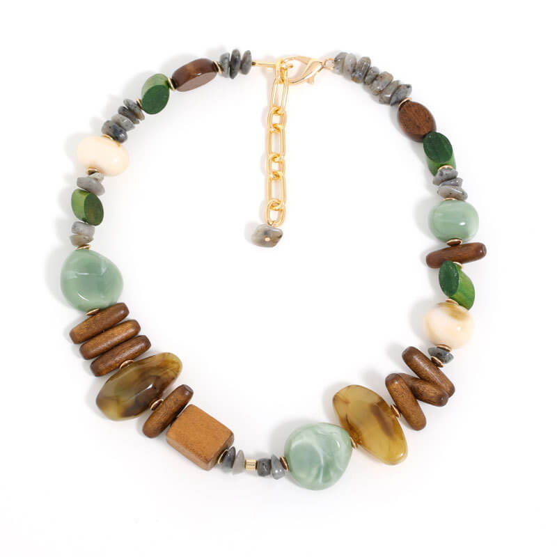 Bohemian Natural Wood & Stone Beaded Choker - Artisanal Mixed-Media Earth-Tone Collar Necklace