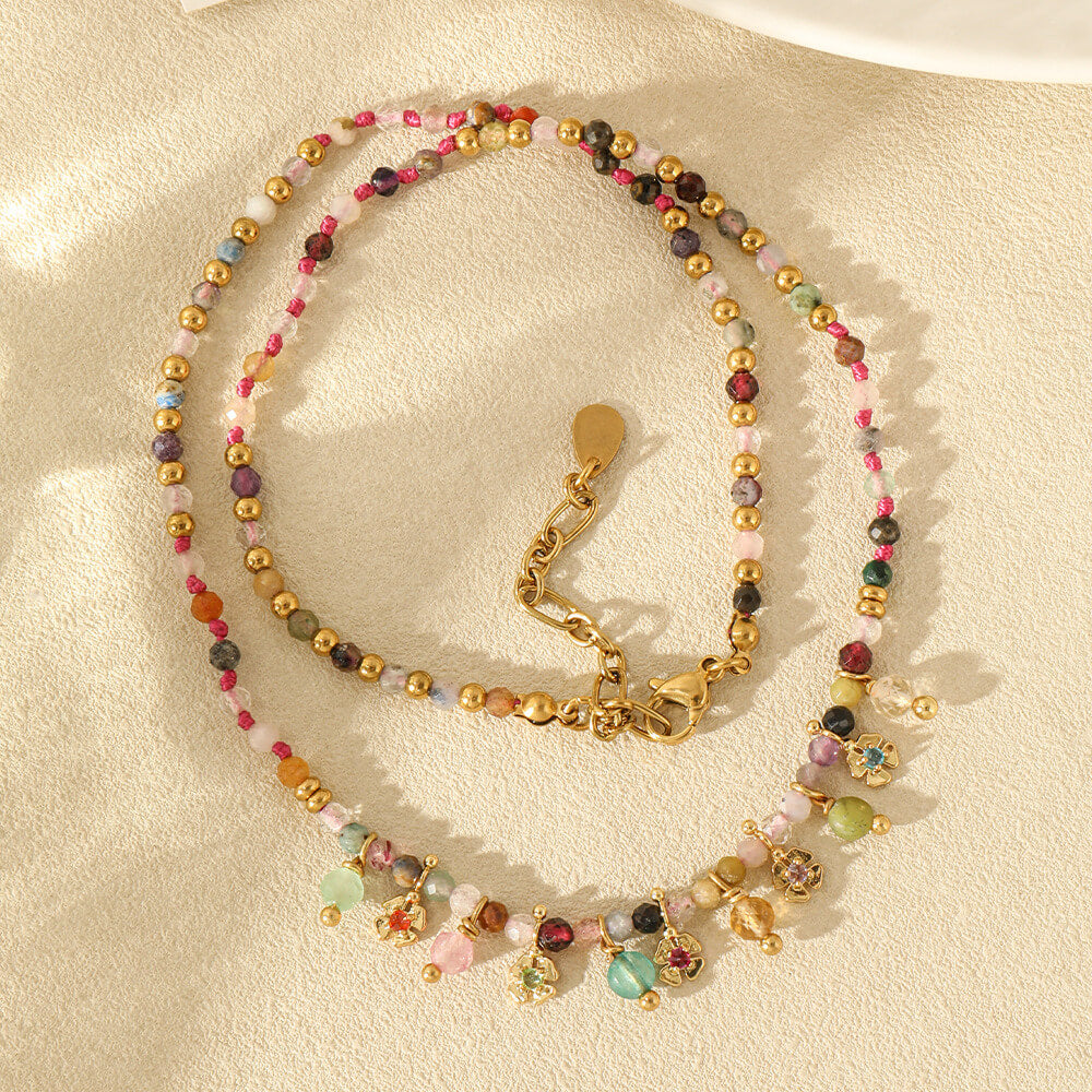 Dopamine-Color Natural Multi-Gemstone Beaded Choker Necklace