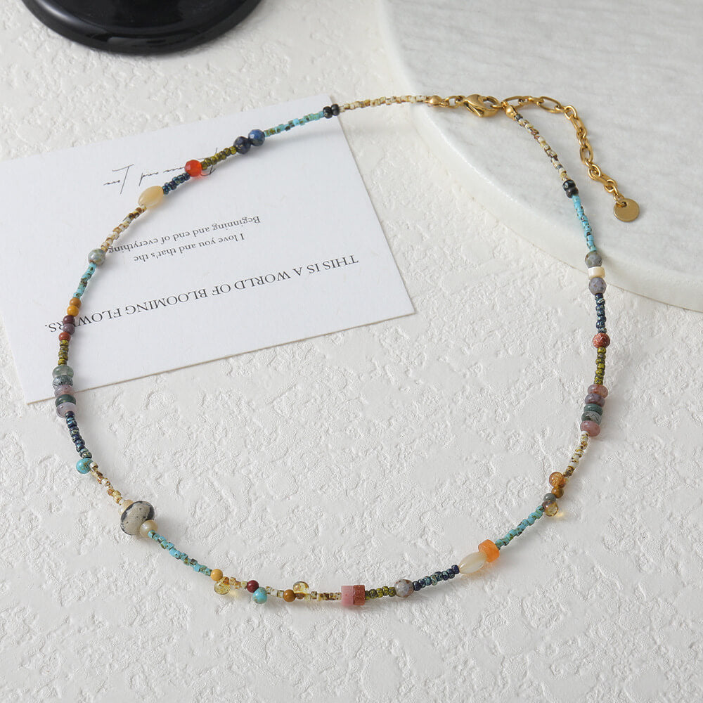 Vintage Natural Stone Choker – Handcrafted Multi-Gemstone Beaded Necklace, Eclectic Boho Clavicle Chain