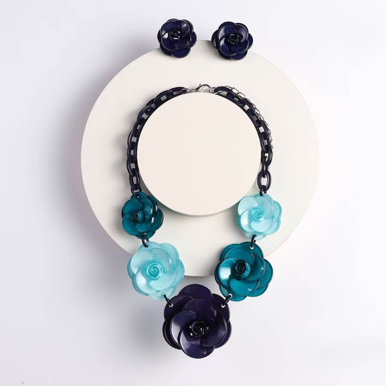 Bold Blue Tone Acrylic Flower Statement Jewelry Set - Chunky Necklace & Earrings