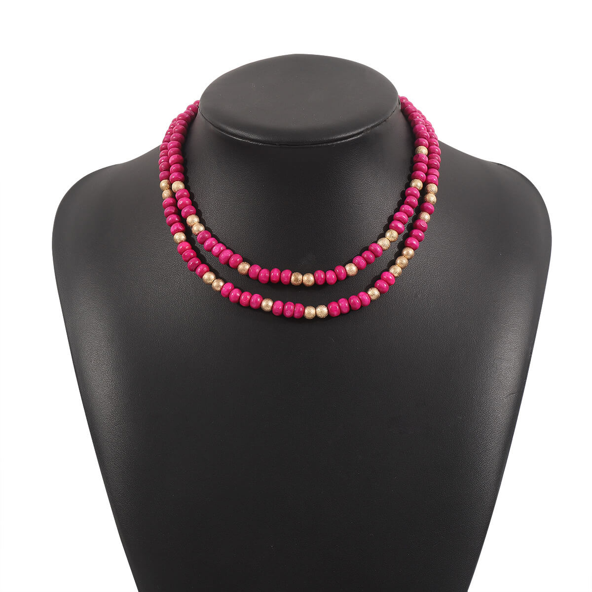 Bold Magenta Wood Bead Choker - Summer Hot Pink Natural Wooden Bead Necklace
