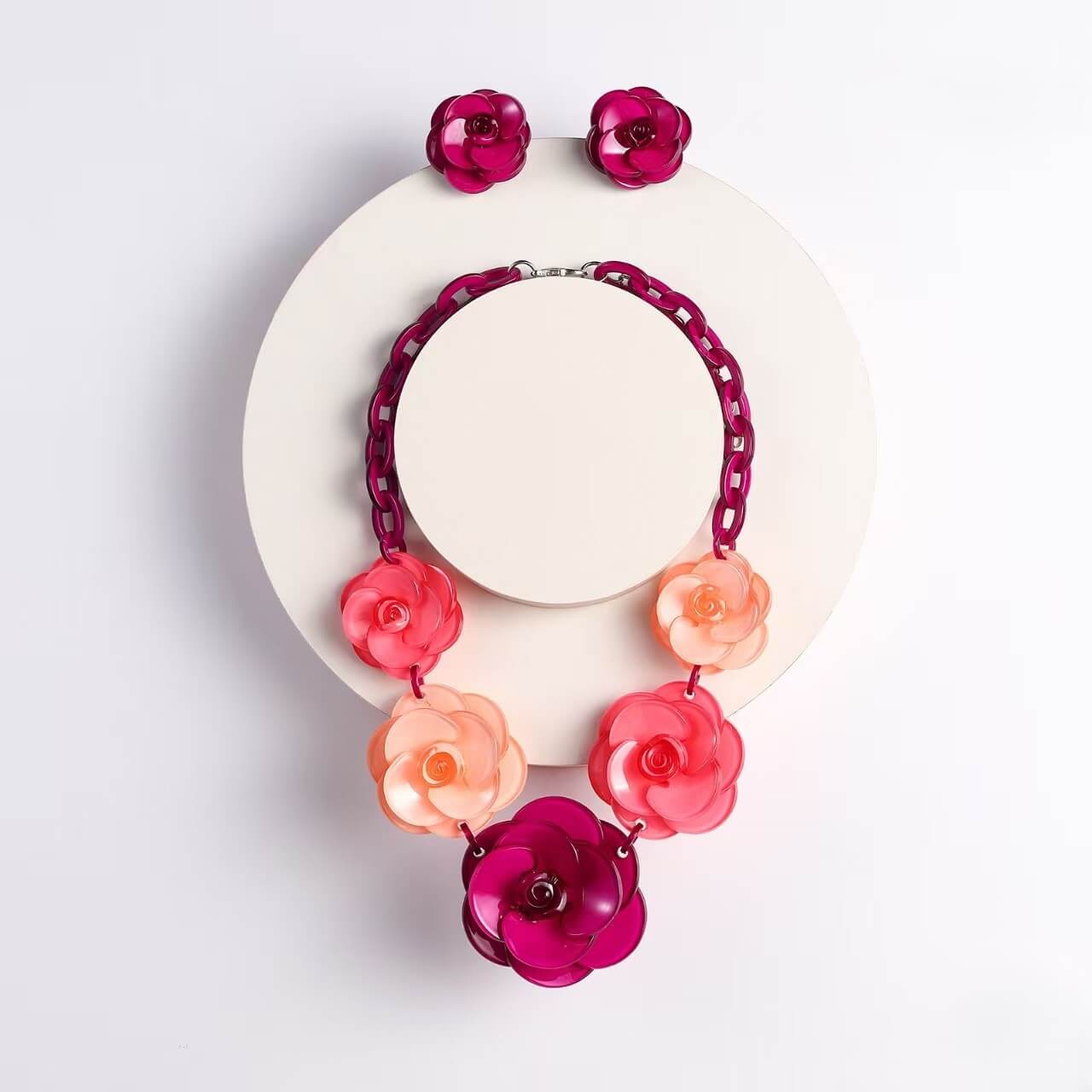 Magenta & Coral Ombre Acrylic Rose Necklace & Earring Set - Retro Chunky Floral Jewelry