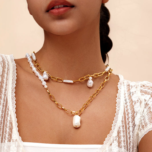 Elegant Double-Layered Necklace Irregular Baroque Pearl & Gold Chain