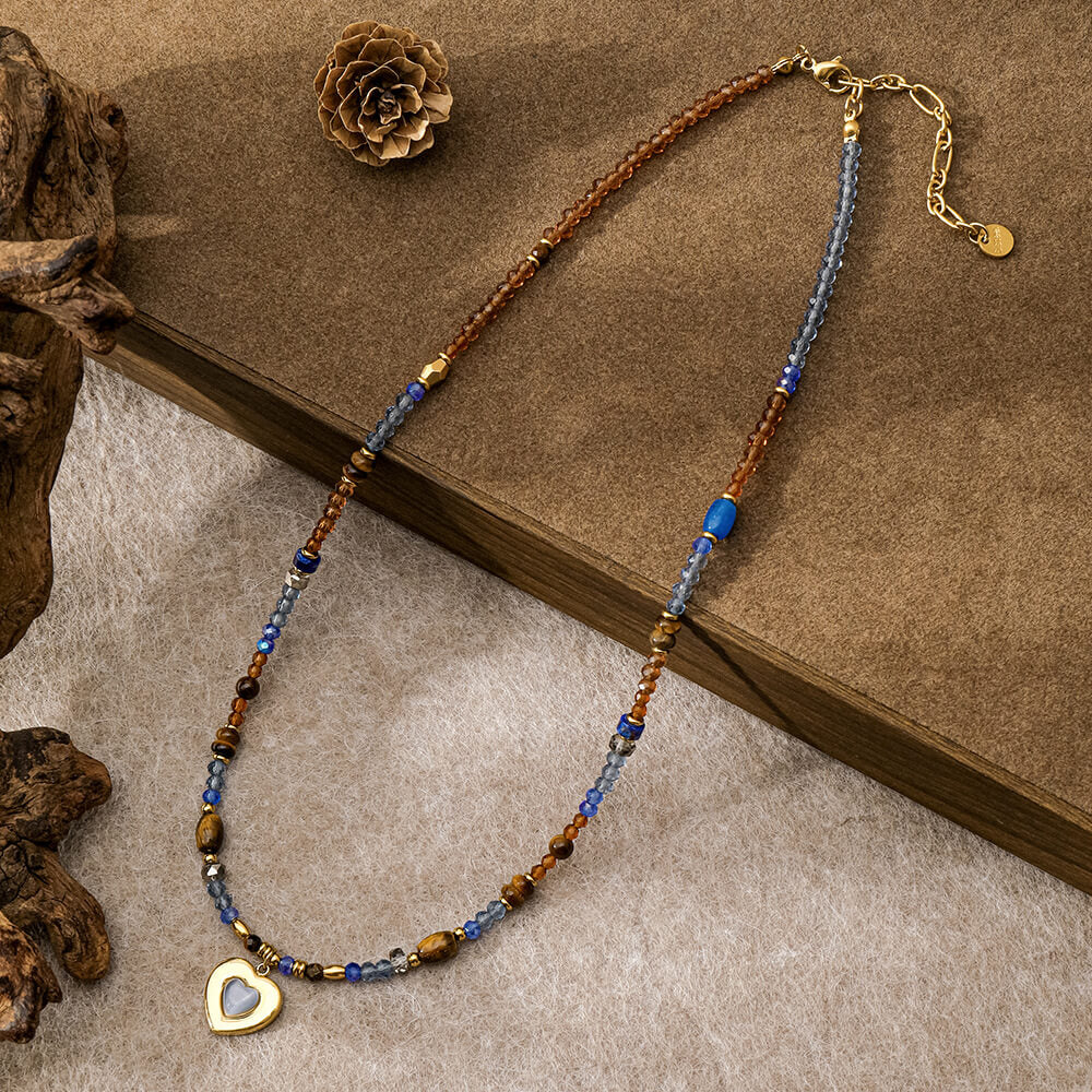 Natural Stone Beaded Choker Necklace with Heart Pendant