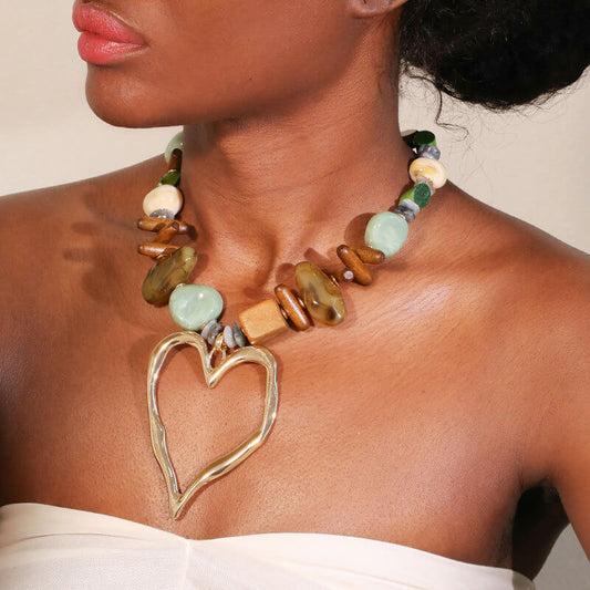 Bohemian Mixed Stone & Natural Wood Beaded Necklace - Oversized Hollow Gold Heart Pendant Statement Choker