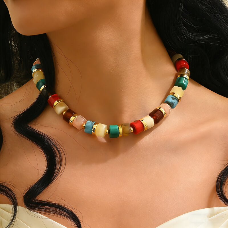 Colorful Bohemian Geometric Resin Beaded Choker Necklace