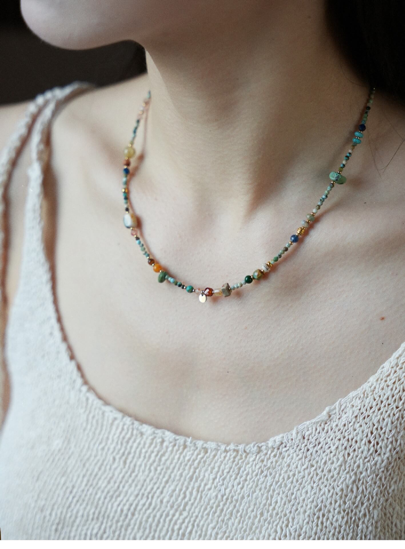 Vintage Raw Turquoise Multi-Gemstone Choker - Natural Mixed Stone Summer Clavicle Necklace