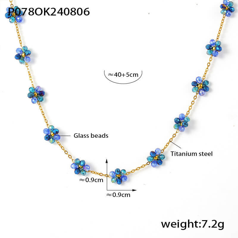 Blue Glass Bead Daisy Choker Necklace