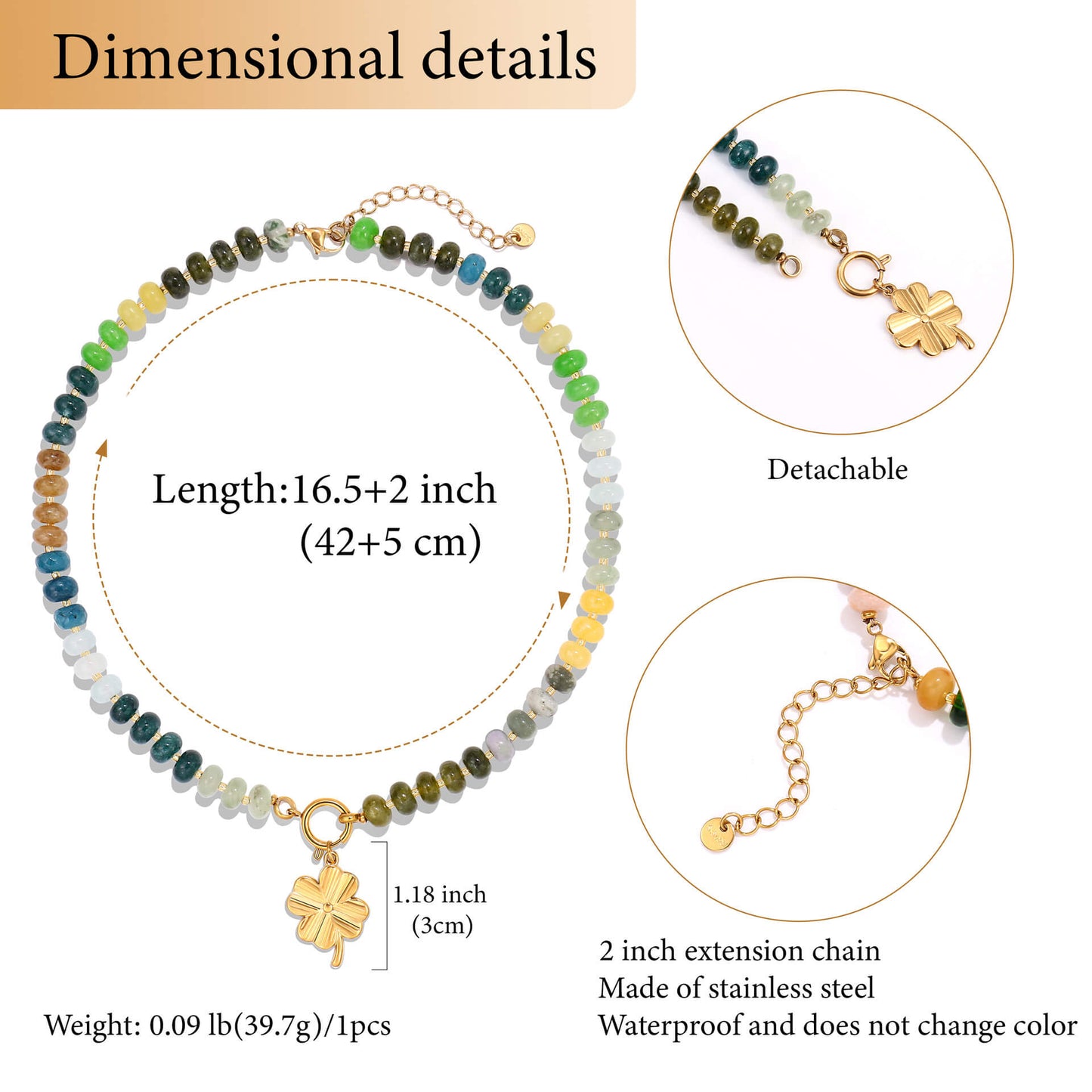 Natural Stone Beaded Necklace - Detachable Clover Pendant Choker - Non-Tarnish Summer Clavicle Chain