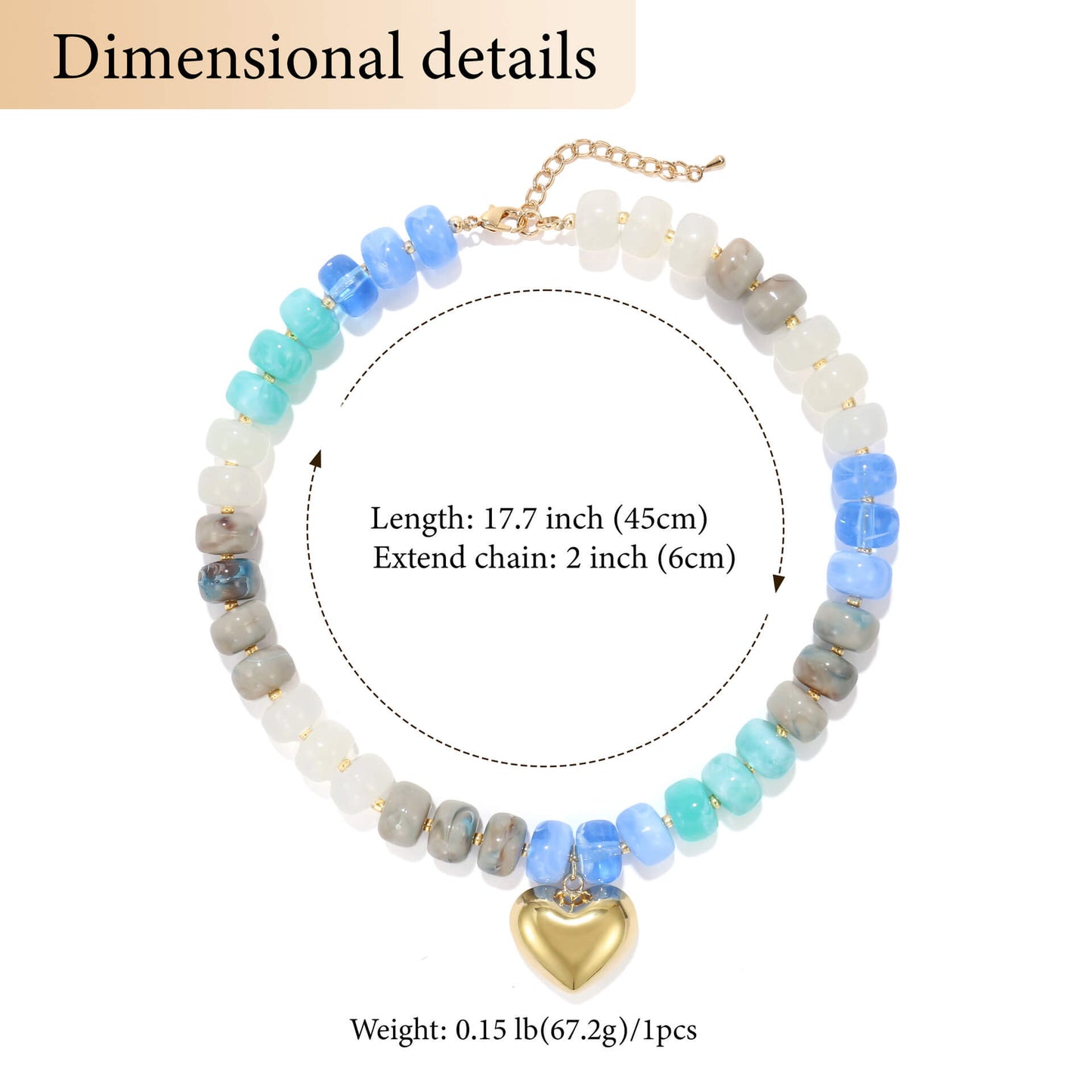 Coastal Blue Marbled Acrylic Beaded Necklace with Gold Heart Pendant