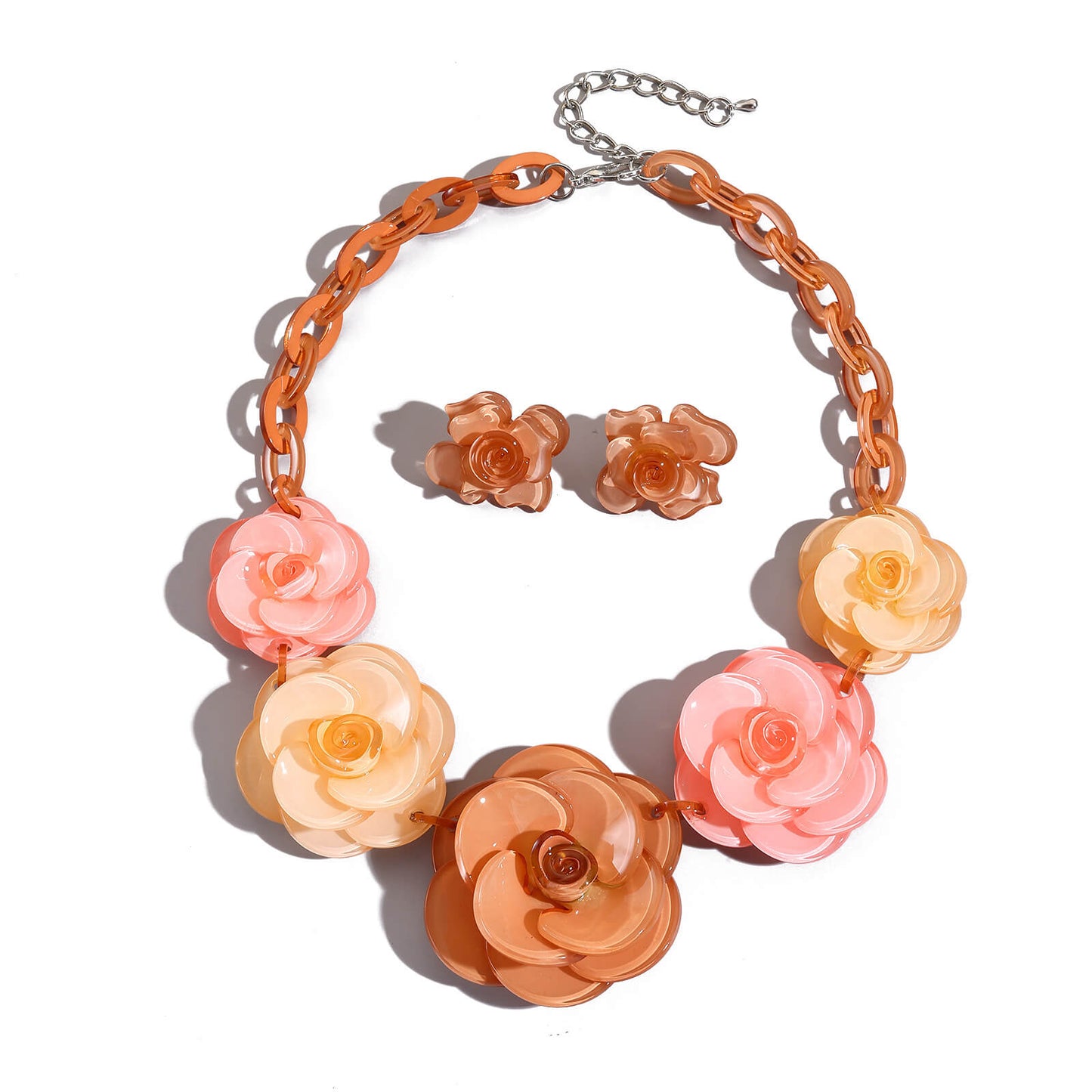 Retro Honey Amber Acrylic Flower Statement Set - Chunky Floral Necklace & Earrings