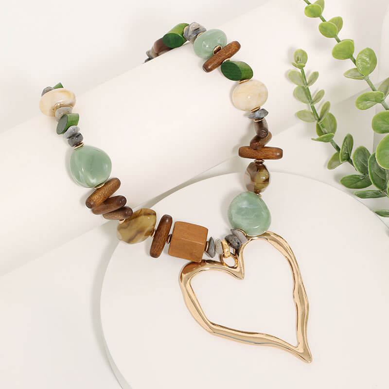 Bohemian Mixed Stone & Natural Wood Beaded Necklace - Oversized Hollow Gold Heart Pendant Statement Choker