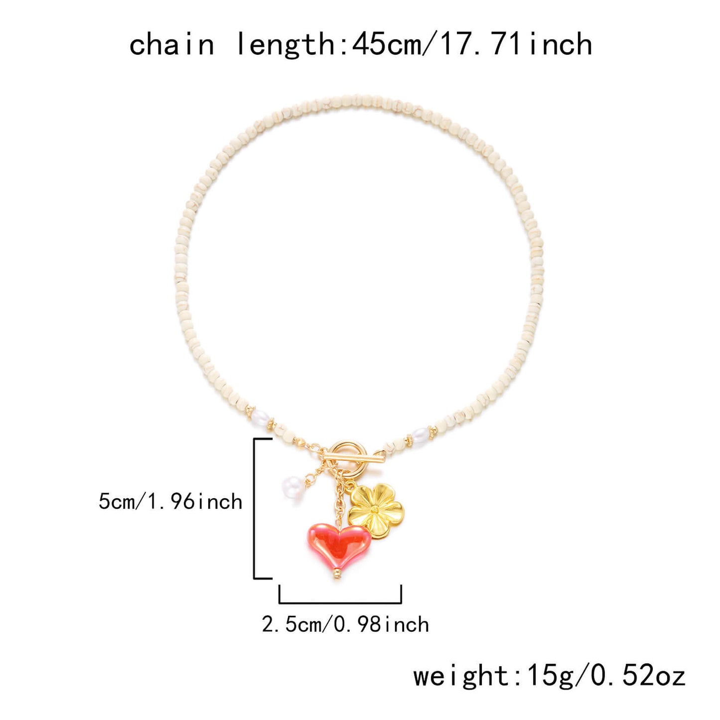 Dainty Boho Off-White Beaded Choker - Whimsical Gold Flower, Pearl & Jelly-Red Heart Charm Necklace