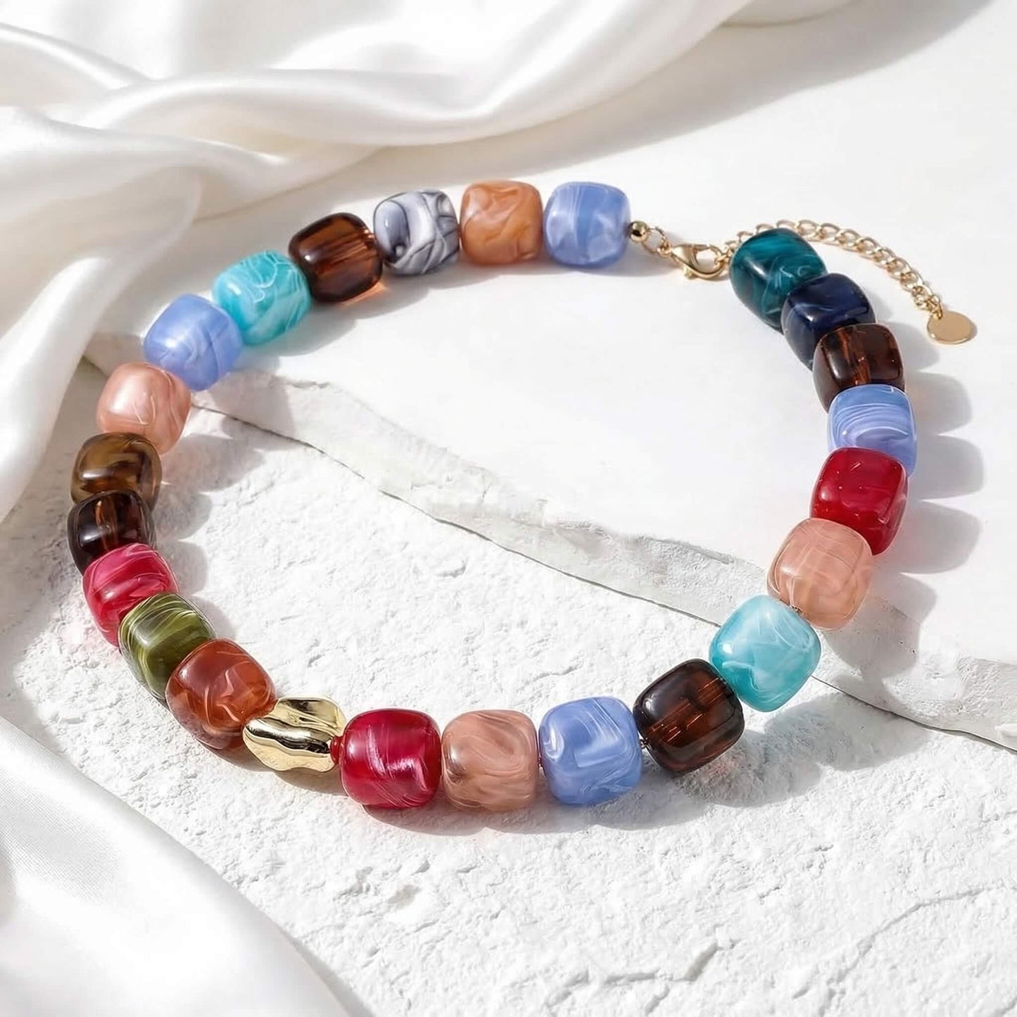 Boho Colorful Resin Beaded Choker Necklace for Women - Chunky Square Bead Statement Jewelry for Summer Vacation