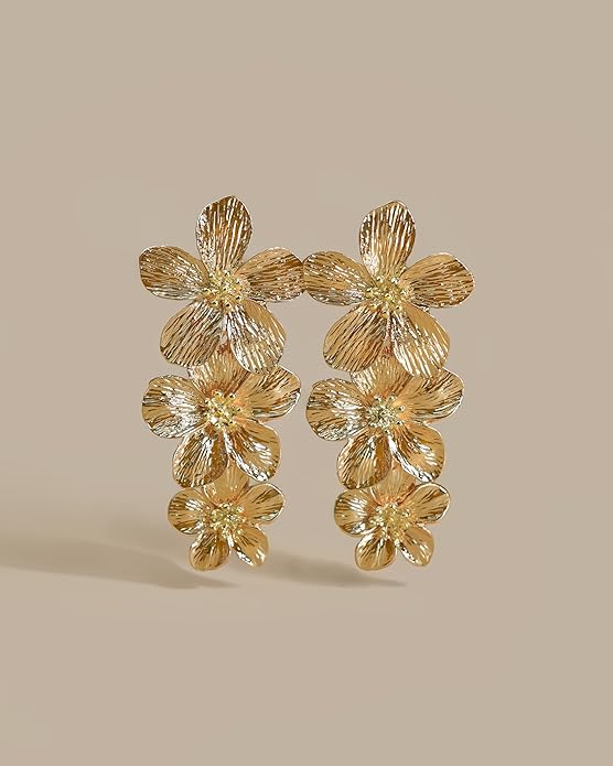 Gold Chunky Flower Statement Earrings for Women | Handmade Floral Drop Jewelry | Bold Vintage Hammered Dangle Earrings | Perfect Wedding & Birthday Gift