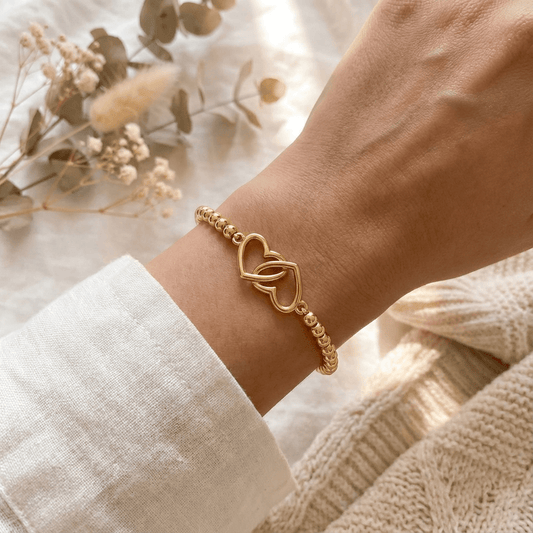 14K Gold Plated Beaded Stretch Bracelet with Double Heart Charm