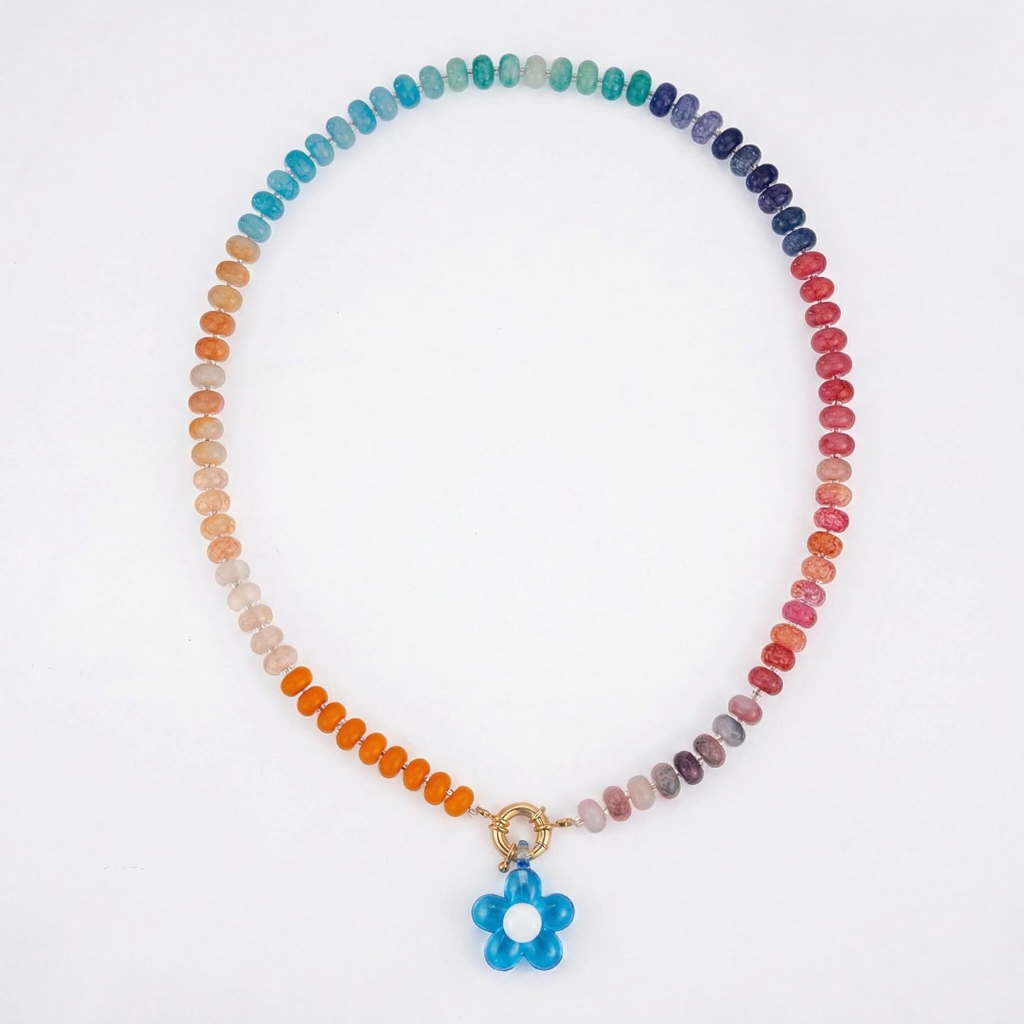 Rainbow Natural Stone Beaded Necklace - Summer Beach Choker with Blue Flower Pendant