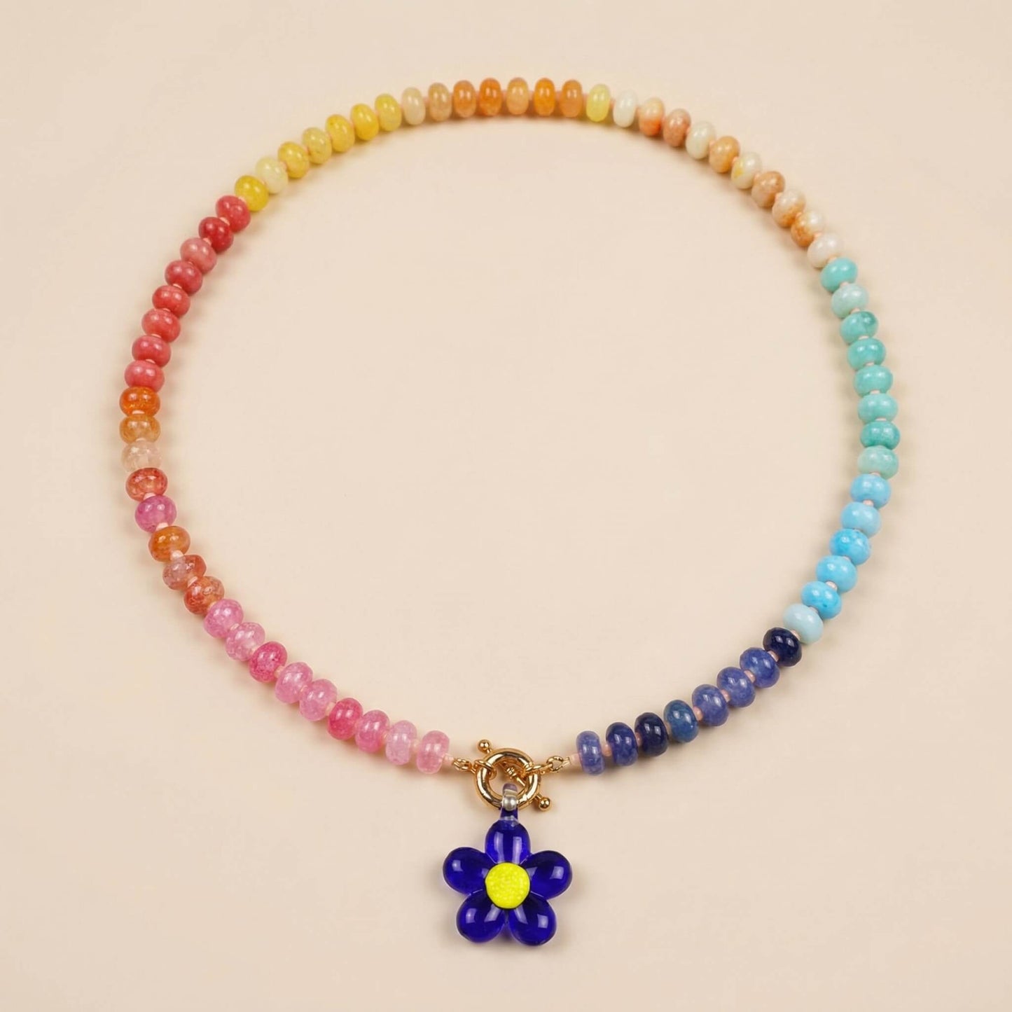 Vibrant Rainbow Natural Stone Beaded Necklace - Bold Blue Flower Choker