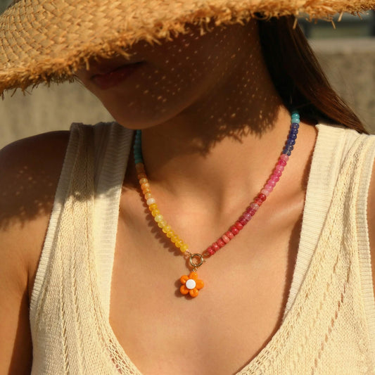 Summer Vibe Rainbow Beaded Choker with Cute Orange Flower Pendant