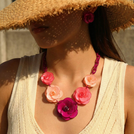 Magenta & Coral Ombre Acrylic Rose Necklace & Earring Set - Retro Chunky Floral Jewelry