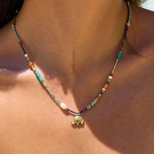 Natural Stone Choker – Multi-Gemstone Beaded Necklace with Freshwater Pearls, Vintage Boho Clavicle Chain
