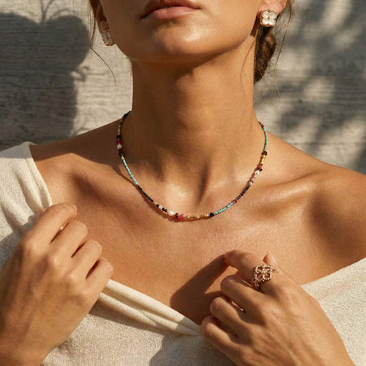 Vintage Fine Beaded Natural Stone Choker – Multi-Gemstone Necklace, Dainty Colorful Boho Clavicle Chain
