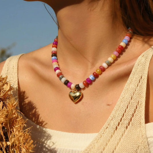 Funky Chunky Colorful Acrylic Beaded Heart Statement Necklace