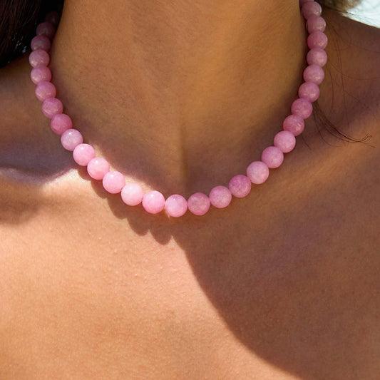 Pink Round Natural Stone Beaded Choker Necklace