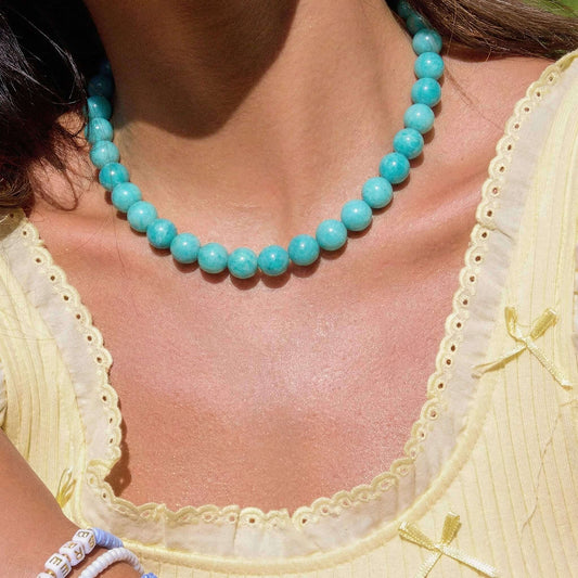 Vibrant Aqua Blue Round Natural Stone Beaded Choker Necklace