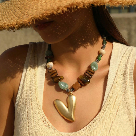 Bohemian Earth-Tone Beaded Necklace - Chunky Solid Matte Gold Heart Pendant Statement Choker with Natural Stone & Wood