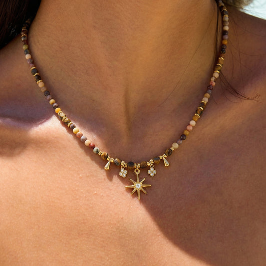 Natural Stone Beaded Choker Necklace with Celestial Charms - Earthy Boho Chic
