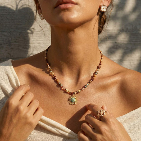Natural Stone Beaded Choker Necklace - Earthy Boho Elegance