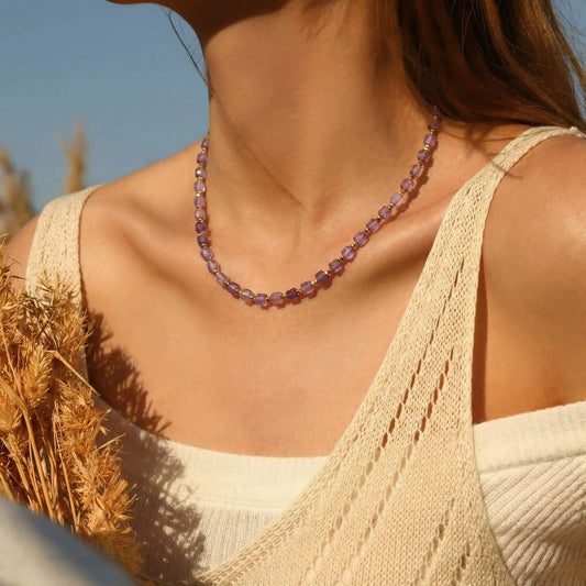 Summer Retro Natural Stone Beaded Choker Necklace - Amethyst Boho Vintage Charm