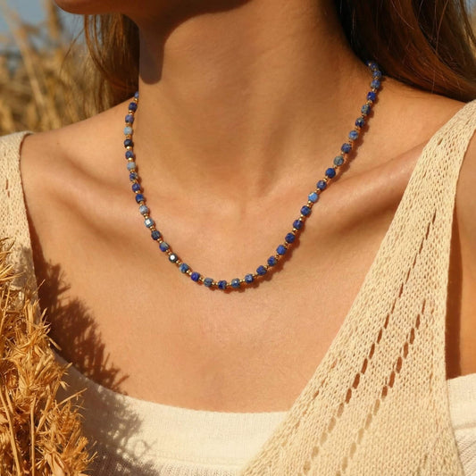 Summer Lapis Lazuli Natural Stone Beaded Choker Necklace - Cool Boho Coastal Charm
