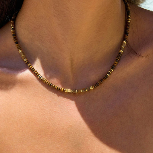 Natural Tiger's Eye & Picture Jasper Beaded Choker Necklace
