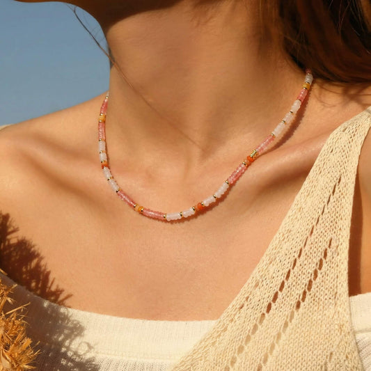 Handcrafted Multicolor Natural Stone Beaded Choker Necklace - Bohemian Collarbone Chain with 18K Gold-Plated Accents