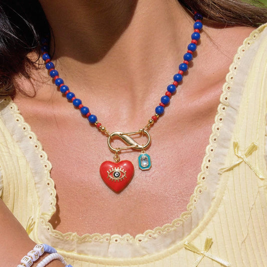 Blue-Orange Beaded Choker Heart Pendant Necklace